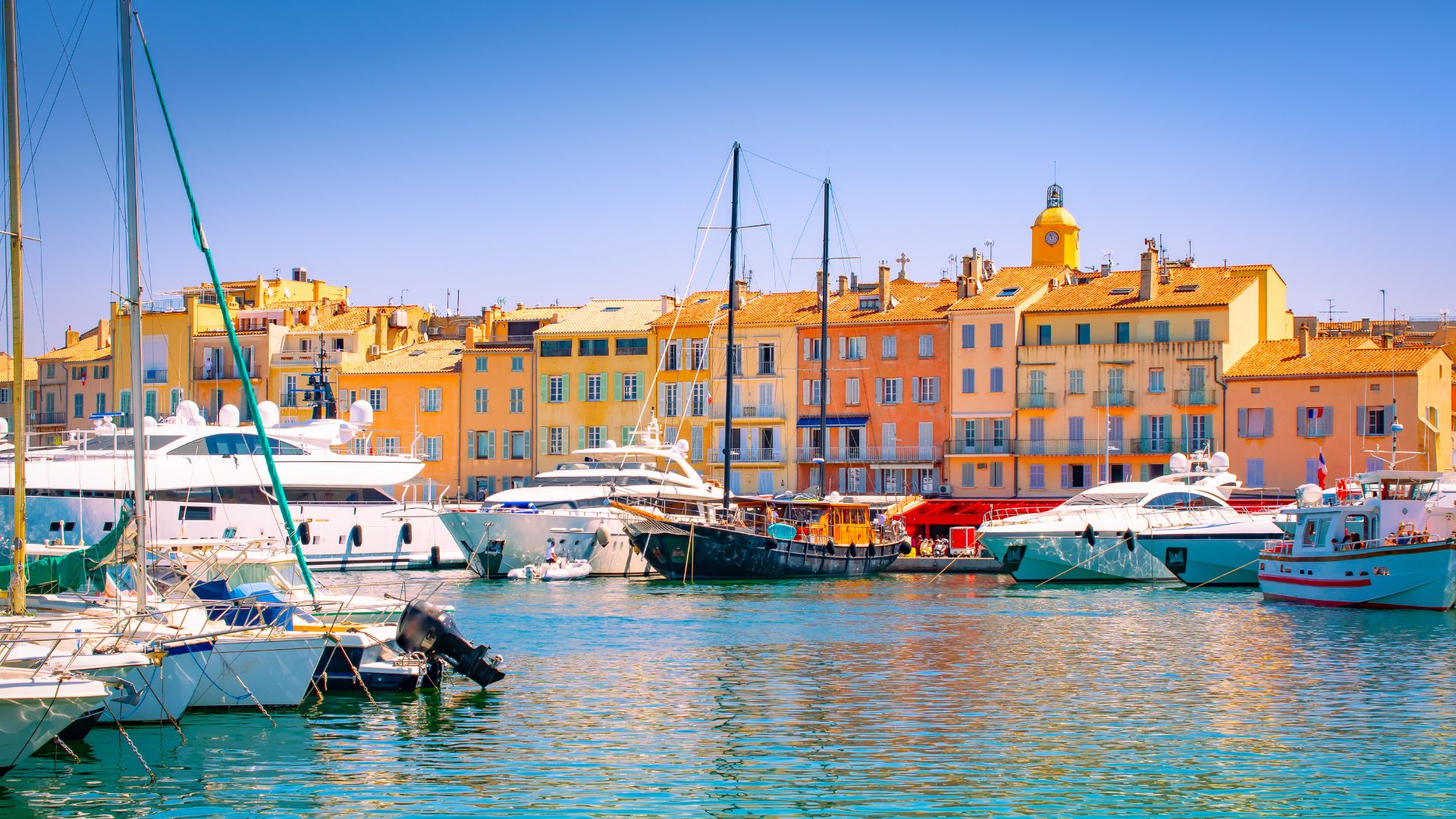 Saint-Tropez old port with yachts stern-to on the quay