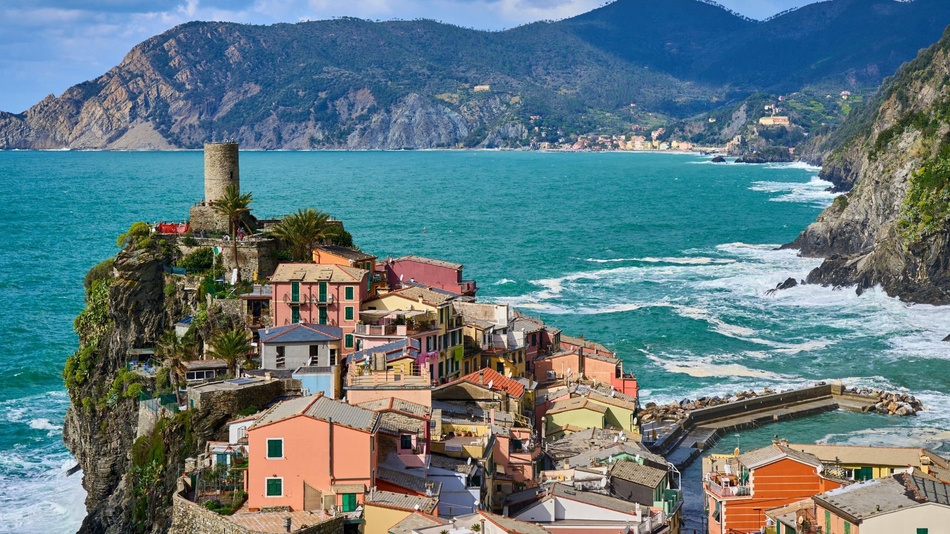 Vernazza's cliff village and harbor tower from above, Cinque Terre