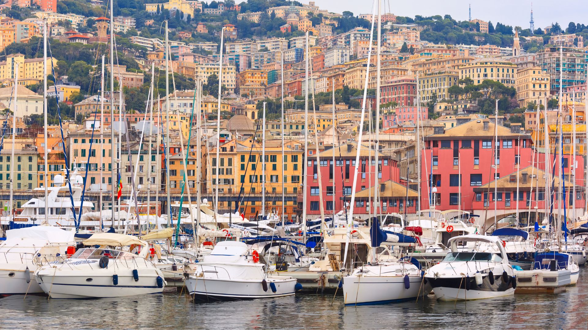 Boarding in Genoa — the old maritime-republic port and the western gateway to the Ligurian coast. Marina Genoa Aeroporto sits ten minutes from GOA; Porto Antico is in the city itself.
