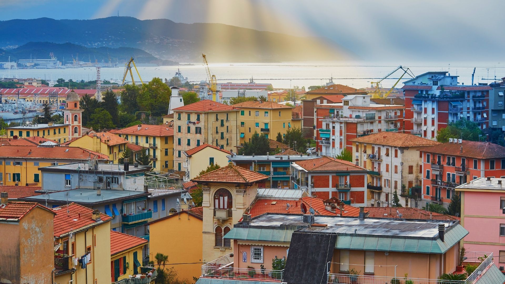 The Gulf of La Spezia — Byron and Shelley's 'Gulf of Poets,' the name that stuck after Shelley drowned in the bay in 1822. Palmaria island sits across the narrow channel from Portovenere; the yacht usually anchors between them.