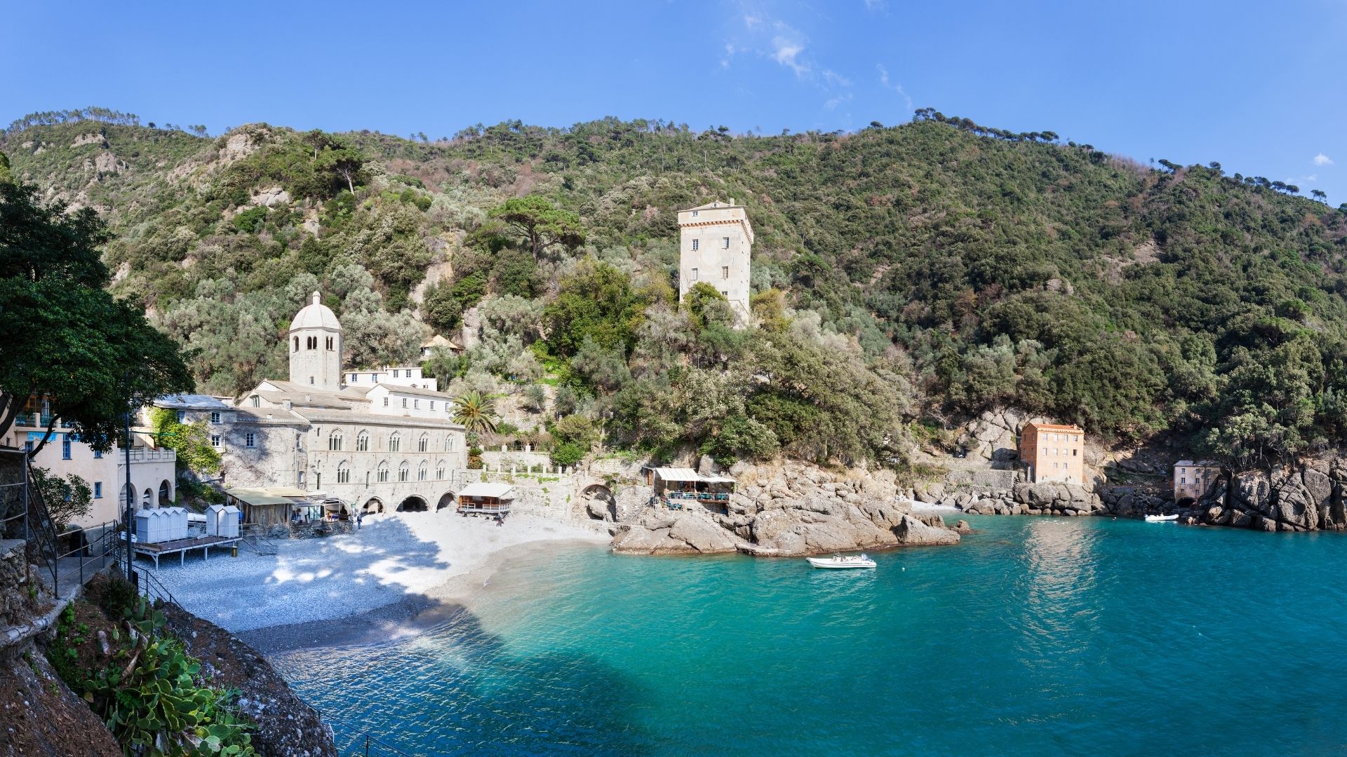 San Fruttuoso's tenth-century Benedictine abbey tucked into a cove below the forested hillside.