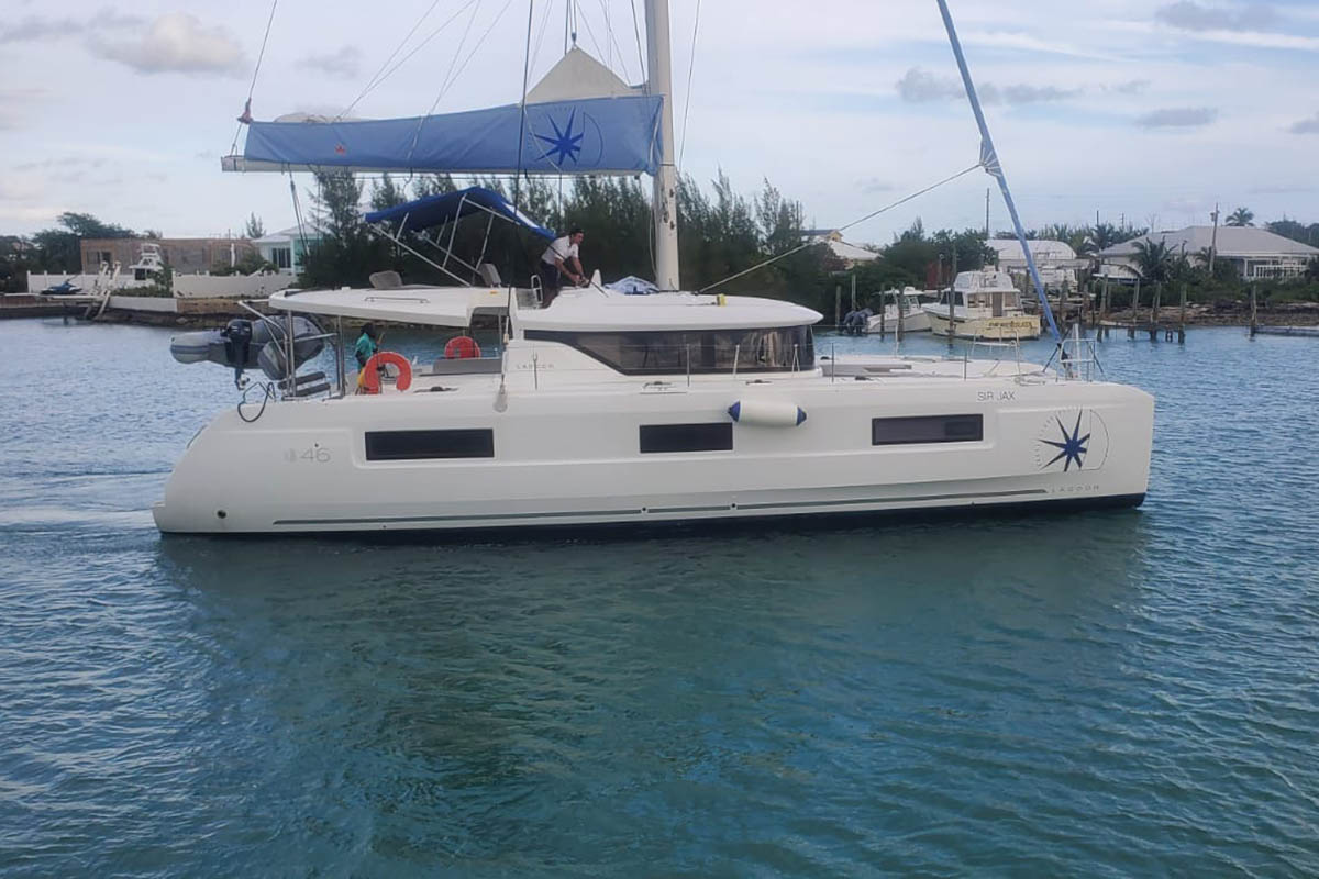 SIR JAX, a 2023 Lagoon 46 available for charter in the Exuma Bahamas.