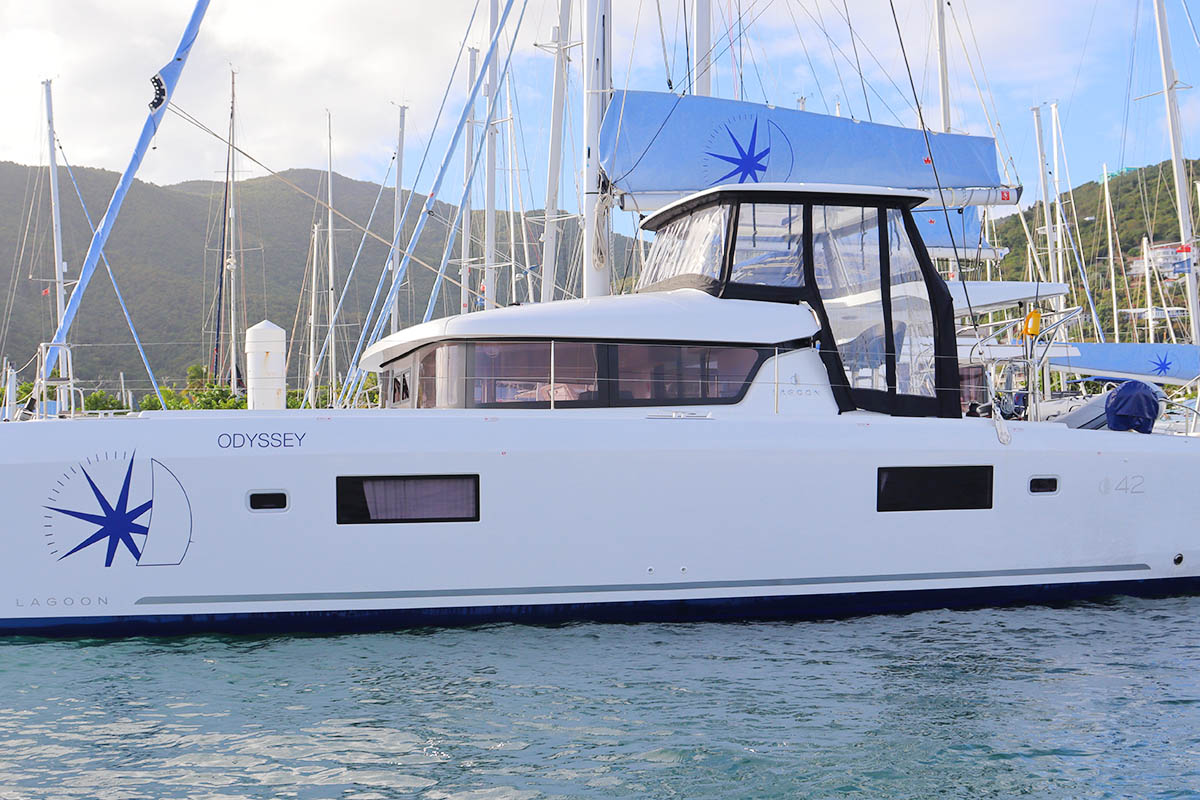 ODYSSEY_X, a 2024 Lagoon 42 available for charter in the British Virgin Islands.