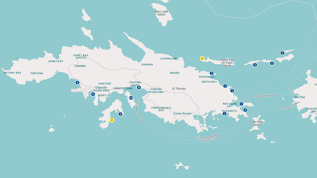 Moorings showing up on the Boatyball app around St. Thomas | Source: Boatyball