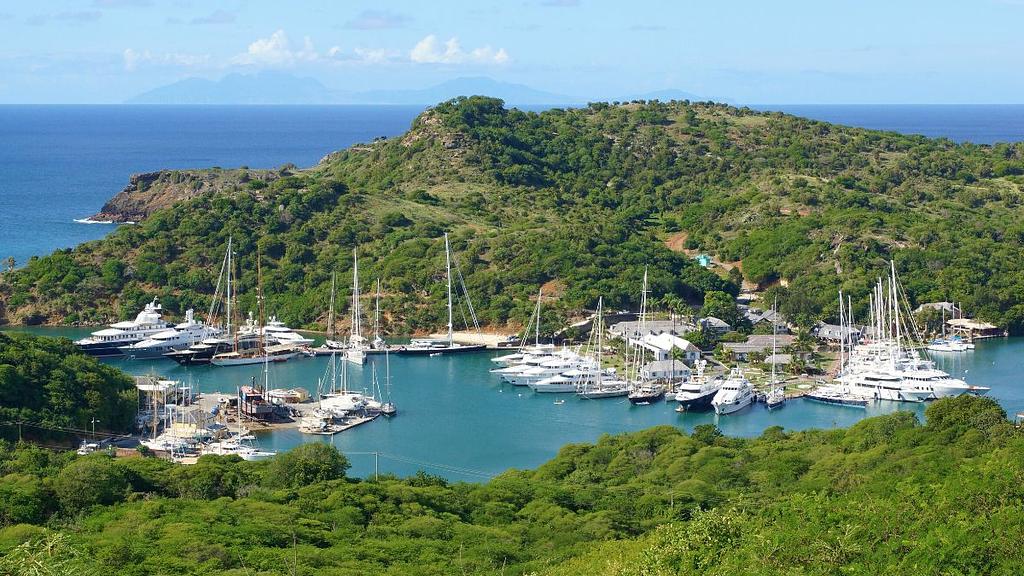 Nelson's Dockyard with yachts moored stern to