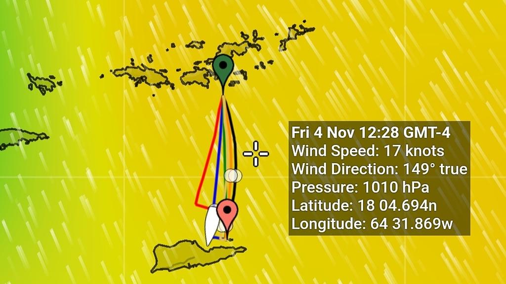 Example of what an unfavorable forecast could be crossing to St. Croix, with moderate SSE winds | PredictWind