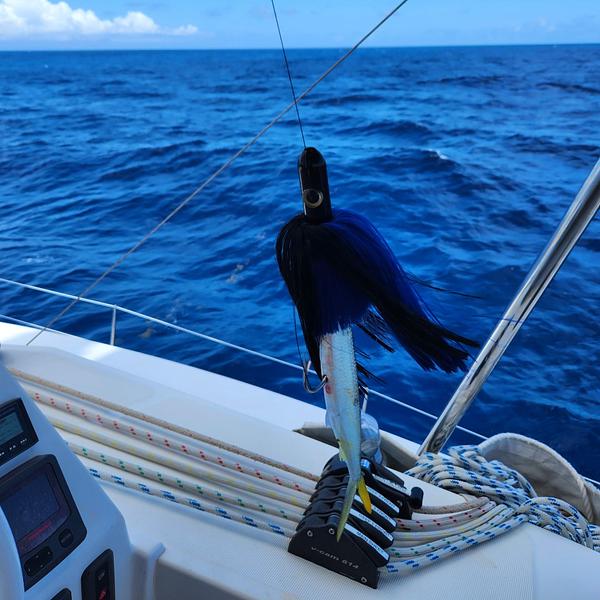 Preparándonos para tirarlo al agua mientras navegábamos entre Barbuda y Antigua