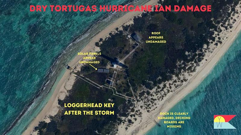 The only visible damage I could identify to Loggerhead Key is the dock on the east side | NOAA & Google Maps