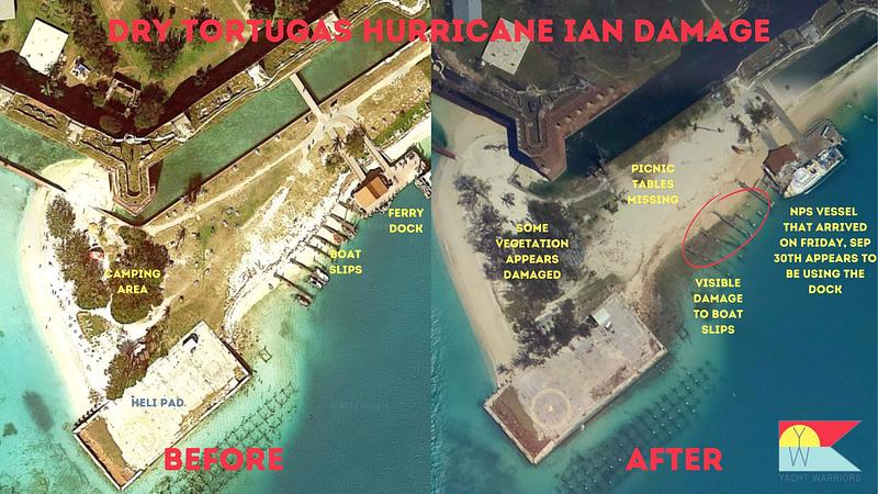 A zoomed in view shows some damage to the camping area and boat slips at Garden Key | NOAA & Google Maps