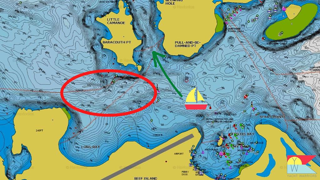El paso marcado en rojo entre Little Camanoe y Beef Island | Fuente: Navionics