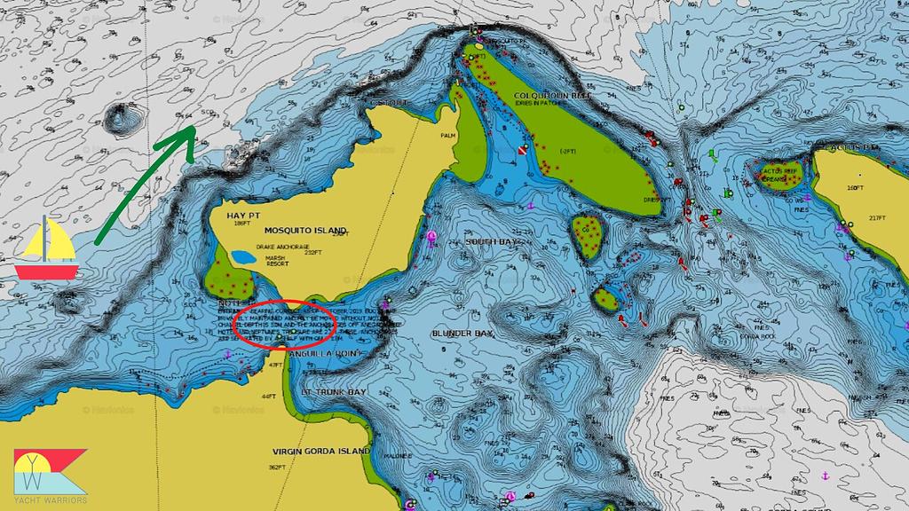 El paso marcado en rojo entre Mosquito Island y Virgin Gorda | Fuente: Navionics