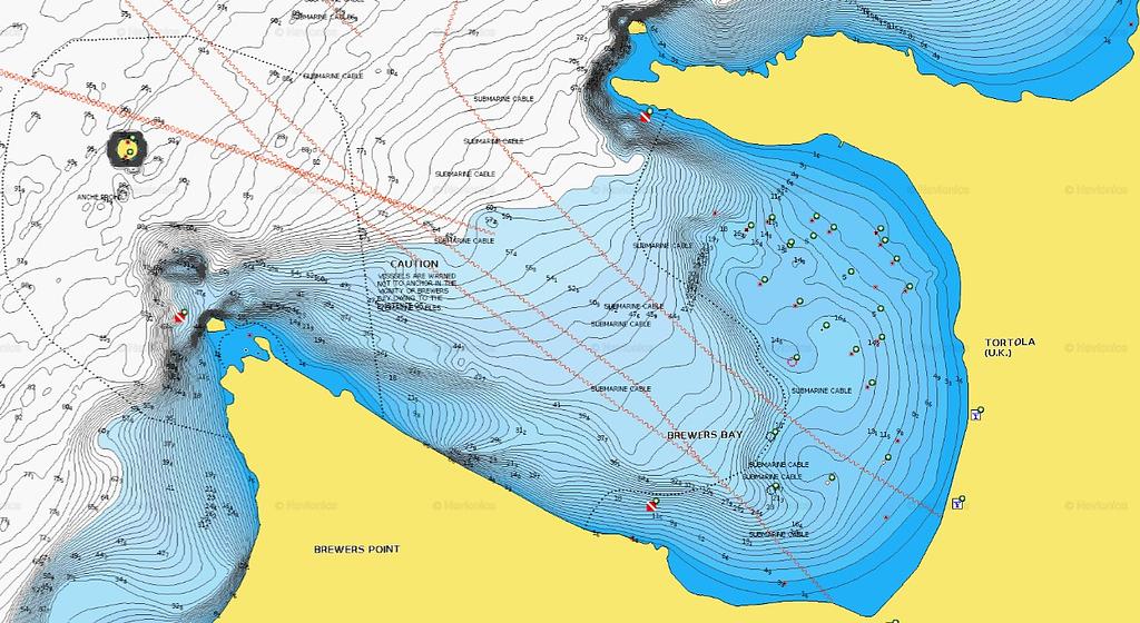 Vas a tener un cable submarino y arrecifes que negociar si vas a Brewers Bay | Fuente: Navionics