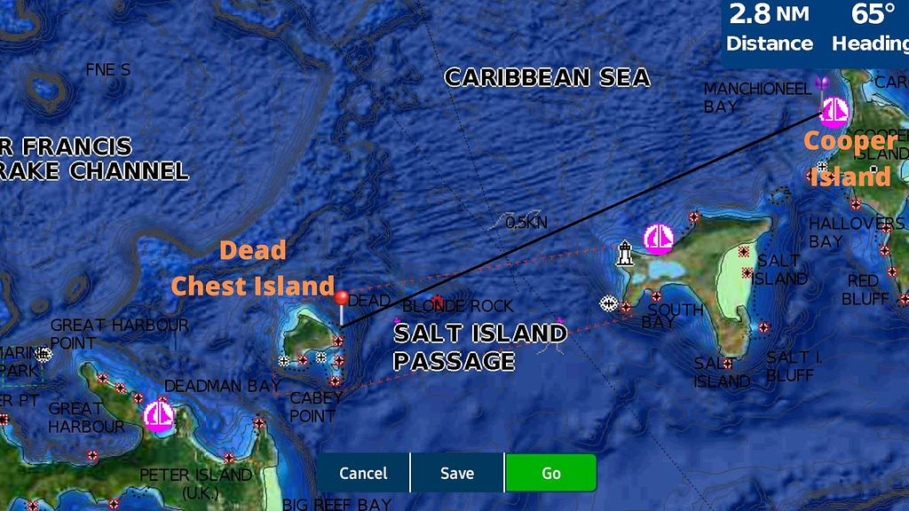 The catamaran drifted ~2.8nm on wind and current to the rocks at Dead Chest Island | Source: Boating App
