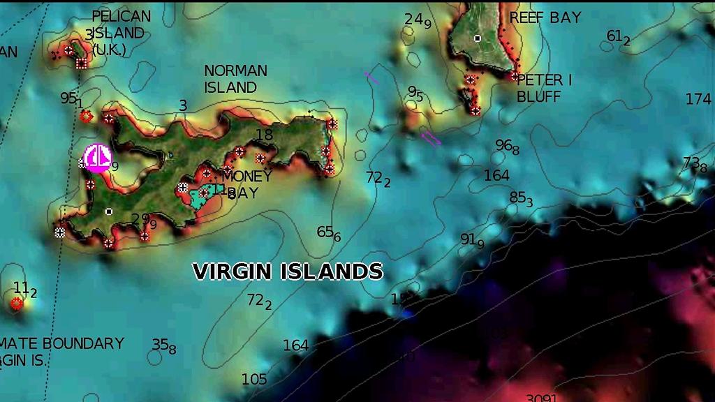 Depths fall off sharply at the South Drop near Norman and Peter Islands | source: Navionics
