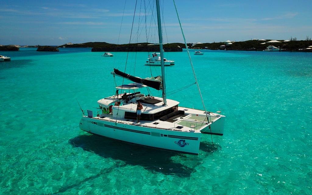 The catamaran can help you access shallower water anchorages | This one is at Staniel Cay in the Exumas