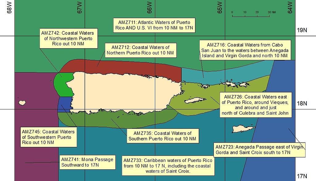 Zonas de pronóstico de NOAA para las Islas Vírgenes y Puerto Rico | Fuente: NOAA