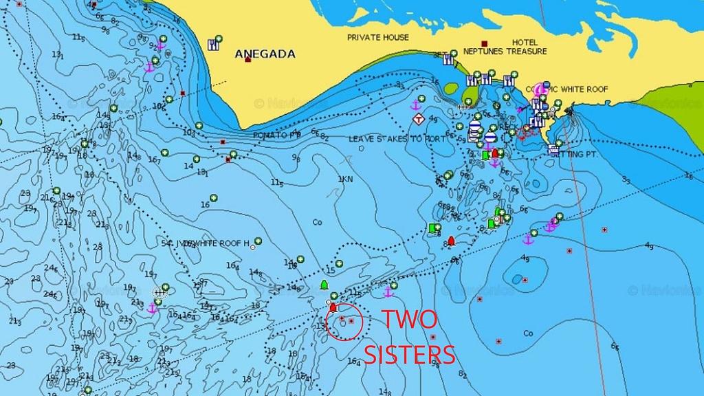 Formación de coral Two Sisters | Fuente: Navionics | No usar para navegación