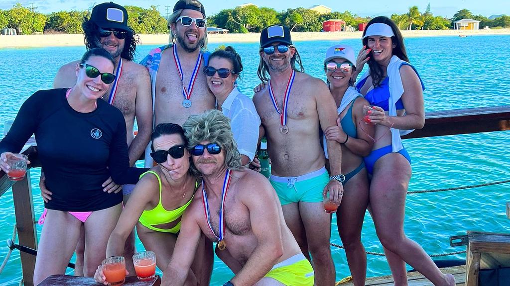 Party crew at the floating tiki bar