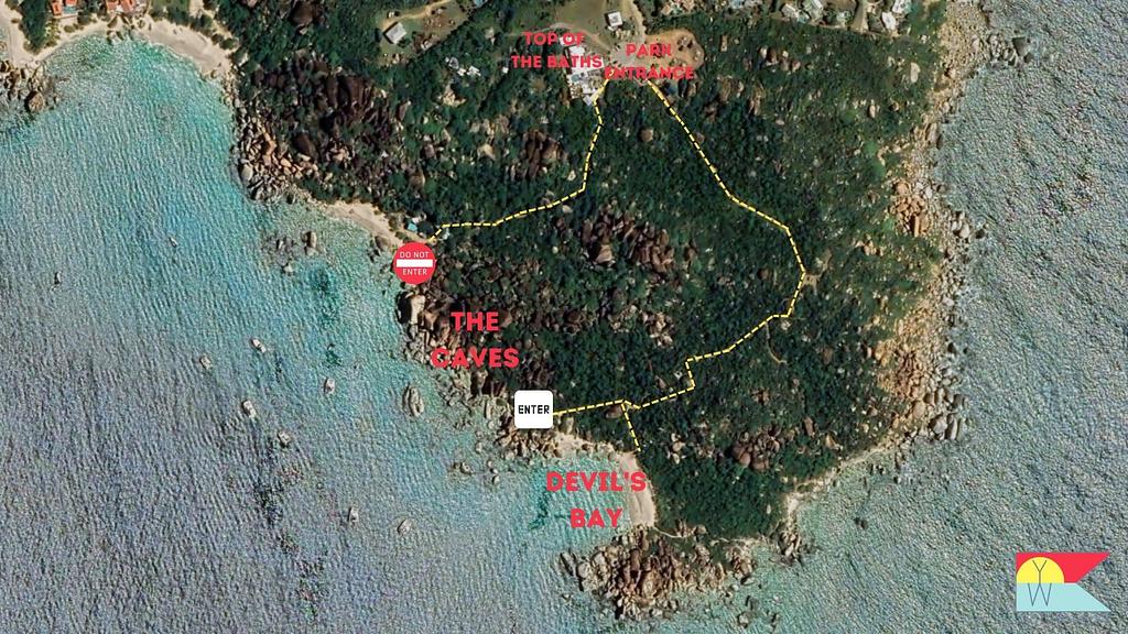 The entrance to The Baths is now at Devil's Bay, and is one way only