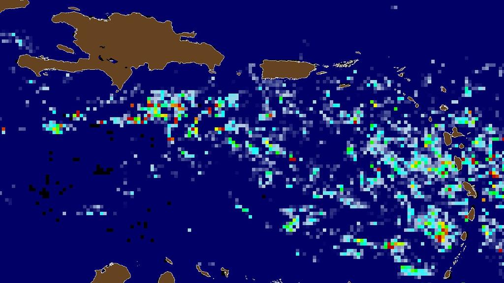 Manchas de sargazo detectadas por imágenes satelitales, cortesía de la Universidad del Sur de Florida