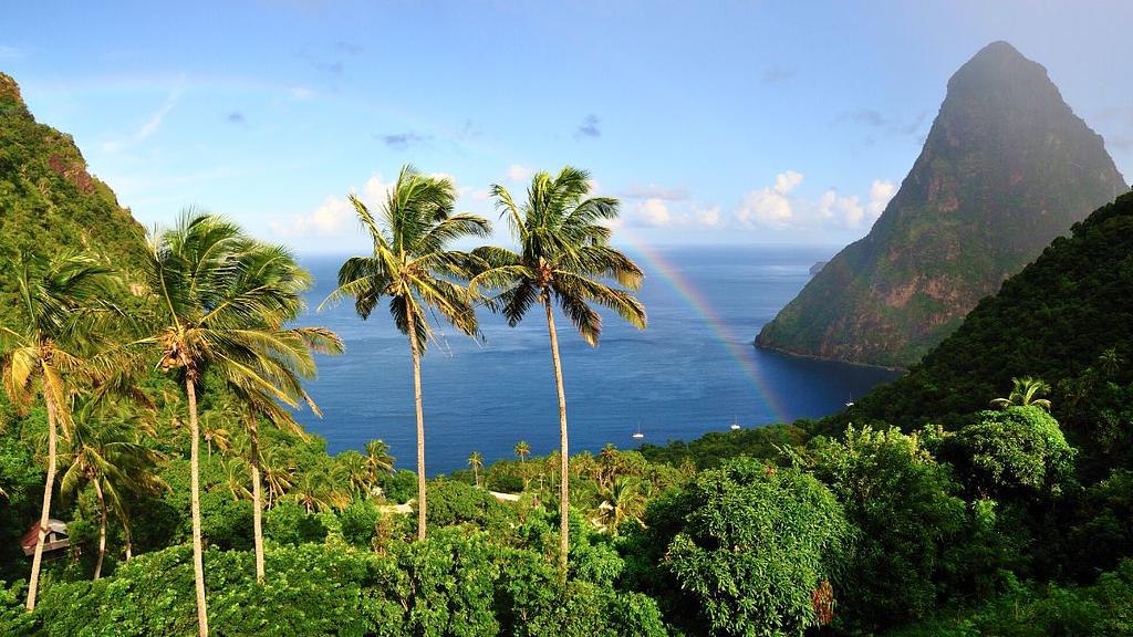 Veleros en boyas de amarre debajo de los imponentes Pitons en St. Lucia